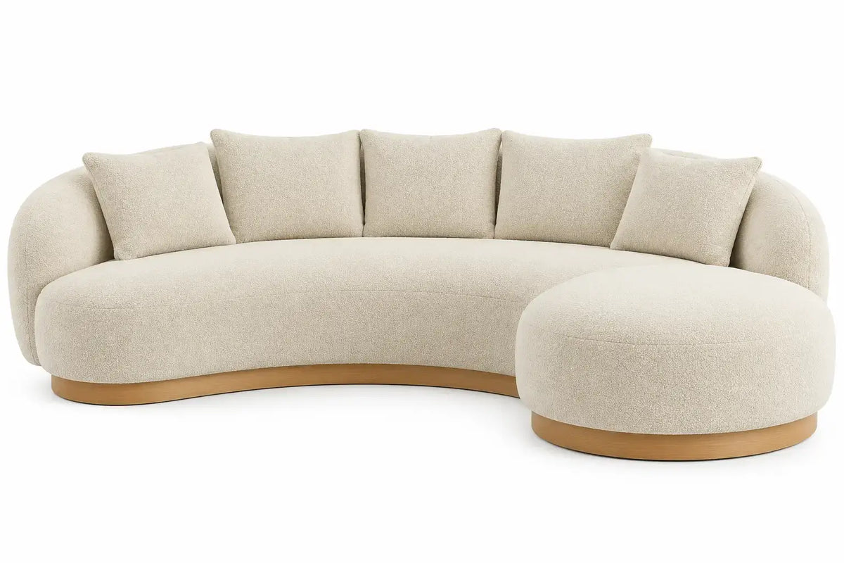 Sofá curvo tapizado de contorno redondeado, beige y marrón