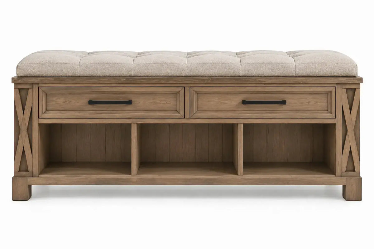 Banco con asiento acolchado con cajones y estantes, beige y marrón