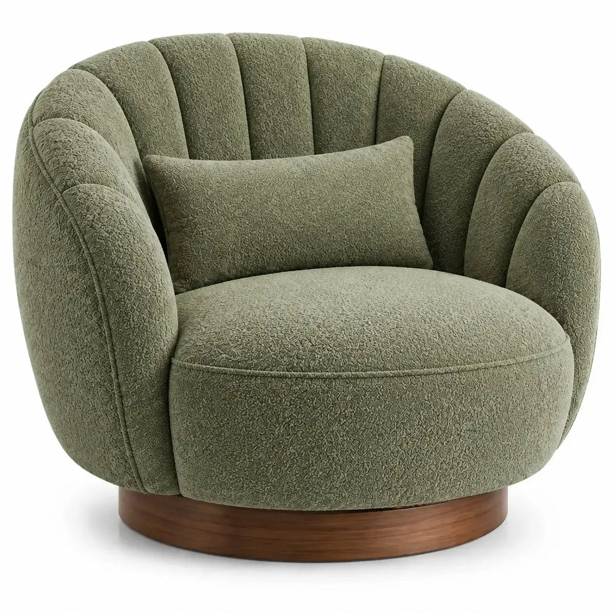 Sillón tapizado de líneas curvas con acolchado acanalado, verde y marrón