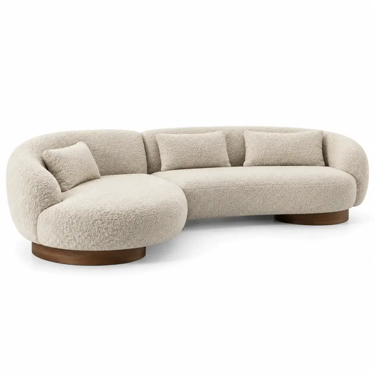 Sofá curvo tapizado de contorno redondeado, beige y marrón