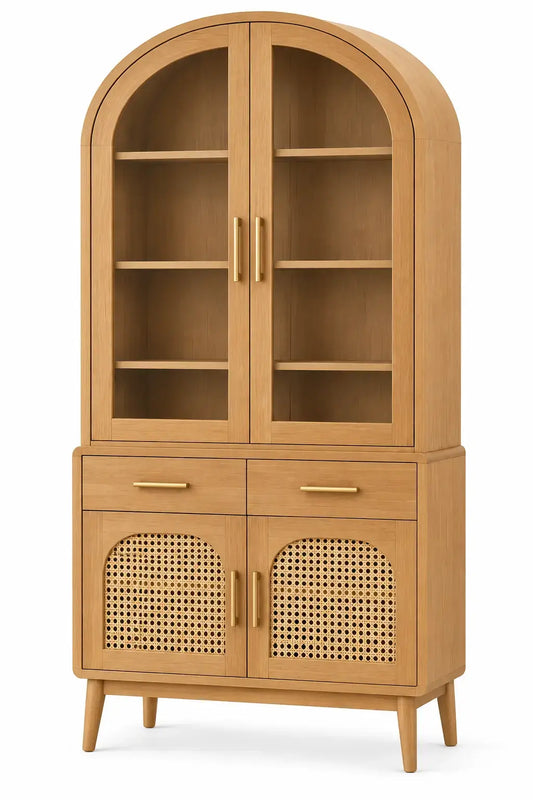 Vitrina de almacenamiento con formas arqueadas y detalles de entramado, marrón