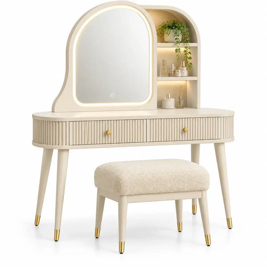 Tocador con espejo con formas arqueadas y estantes, blanco y beige